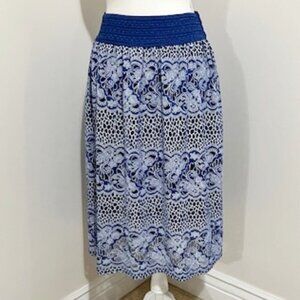 Me 2 Magic Blue & White Floral Midi A-Line Skirt Women's Size M